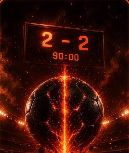 A burning football under a scoreboard reading 2-2 at 90:00.